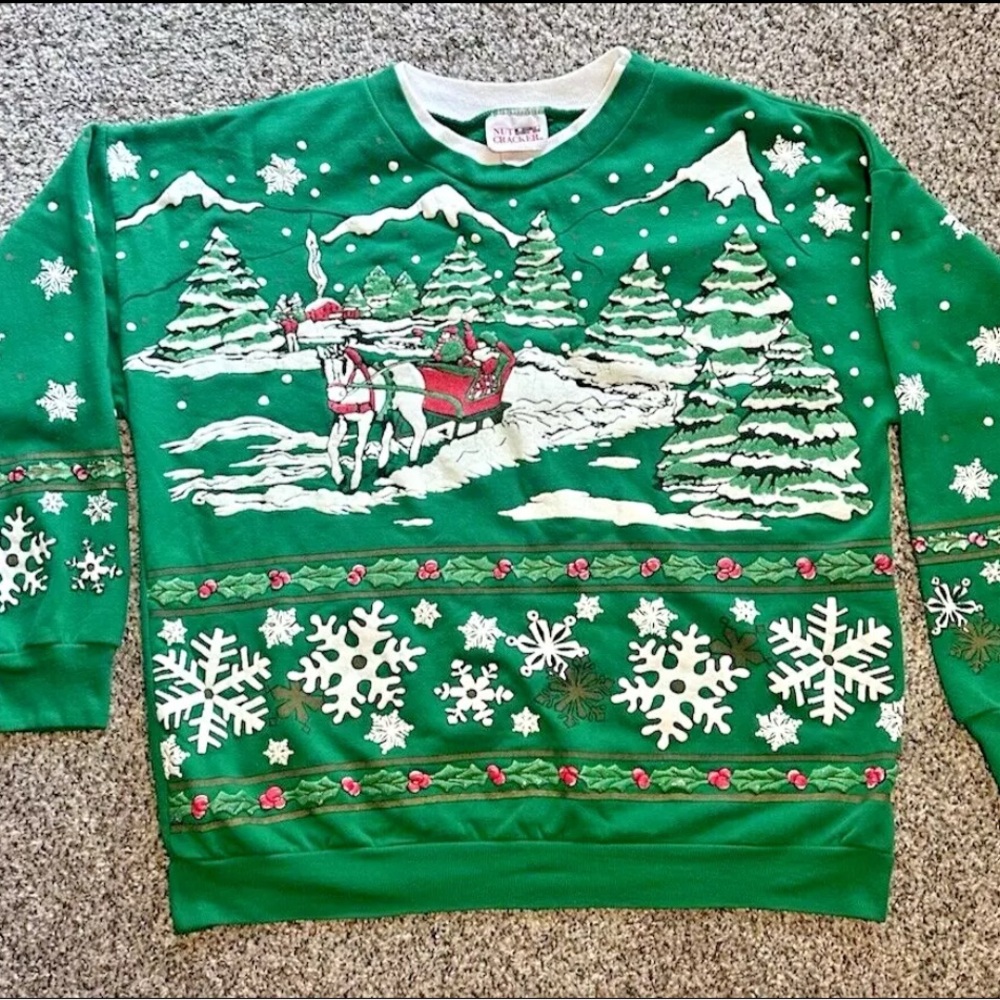 Vintage Nutcracker Sweater Forest Green Puff Paint Crewneck Christmas 1980s